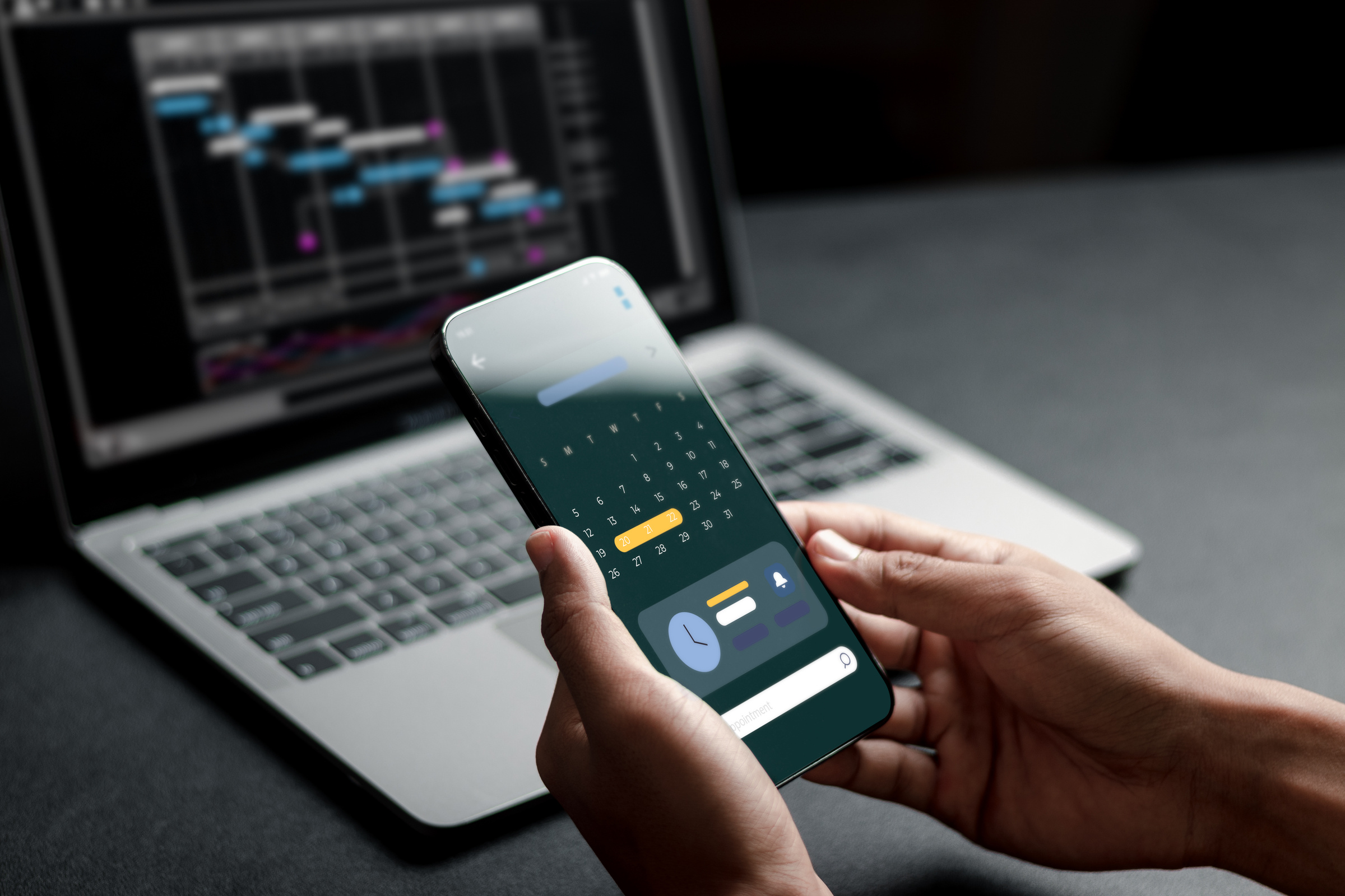 Highlight appointment reminders and meeting agendas in calendar on application. Businessman manages time for effective work. Calendar.  Time management concept.
